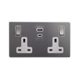 Soho Lighting Brushed Chrome with White Insert 13A 2 Gang Super Fast Charge 45W USB A+C Socket
