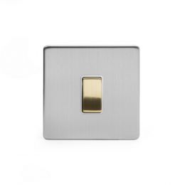 Soho Fusion Brushed Chrome & Brushed Brass 20A 1 Gang DP Switch White Inserts Screwless