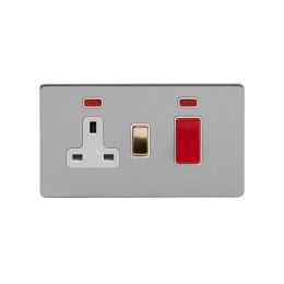 Soho Fusion Brushed Chrome & Brushed Brass 45A Cooker Control Unit & Neon White Inserts Screwless