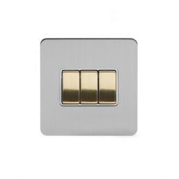 Soho Fusion Brushed Chrome & Brushed Brass 10A 3 Gang 2 Way Switch White Inserts Screwless