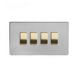 Soho Fusion Brushed Chrome & Brushed Brass 20A 4 Gang 2 Way Switch White Inserts Screwless