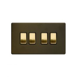 Soho Fusion Bronze & Brushed Brass 10A 4 Gang 2 Way Switch Black Inserts Screwless