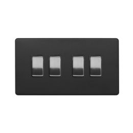 Soho Fusion Matt Black & Brushed Chrome 10A 4 Gang 2 Way Switch Black Insert Screwless