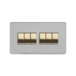 Soho Fusion Brushed Chrome & Brushed Brass 10A 6 Gang 2 Way Switch White Inserts Screwless