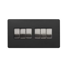 Soho Fusion Matt Black & Brushed Chrome 10A 6 Gang 2 Way Switch Black Insert Screwless