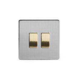 Soho Fusion Brushed Chrome & Brushed Brass 20A 2 Gang Intermediate Switch White Inserts Screwless