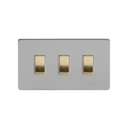 Soho Fusion Brushed Chrome & Brushed Brass 10A 3 Gang Switch on Double Plate 2 Way Screwless 