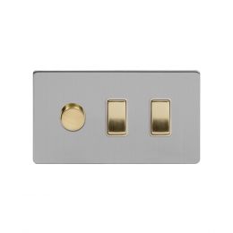 Soho Fusion Brushed Chrome & Brushed Brass 3 Gang Light Switch with 1 dimmer (2x 2 Way Switch & Trailing Dimmer) Screwless 