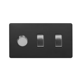 Soho Fusion Matt Black & Brushed Chrome 3 Gang Light Switch with 1 dimmer (2x 2 Way Switch & Trailing Dimmer) Blk Ins Screwless