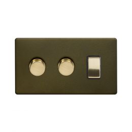 Soho Fusion Bronze with Brushed Brass 3 Gang Light Switch with 2 Dimmers (2 Way Switch & 2x Trailing Dimmer) Screwless 