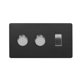 Soho Fusion Matt Black & Brushed Chrome 3 Gang Light Switch with 2 Dimmers (2 Way Switch & 2x Trailing Dimmer) Screwless