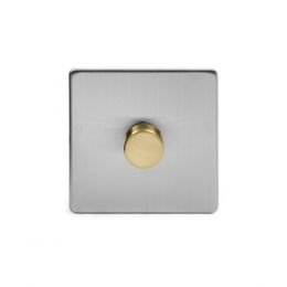 Soho Fusion Brushed Chrome & Brushed Brass 250W 1 Gang 2 Way Trailing Dimmer White Inserts Screwless