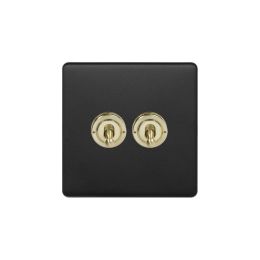 Soho Fusion Matt Black & Brushed Brass 20A 2 Gang 2 Way Toggle Switch Screwless
