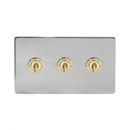 Soho Fusion Brushed Chrome & Brushed Brass 20A 3 Gang 2 Way Toggle Switch White Inserts Screwless
