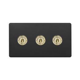 Soho Fusion Matt Black & Brushed Brass 20A 3 Gang 2 Way Toggle Switch Screwless