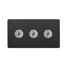 Soho Fusion Matt Black & Brushed Chrome 20A 3 Gang 2 Way Toggle Switch Screwless
