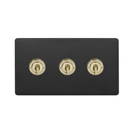 Soho Fusion Matt Black & Brushed Brass 20A 3 Gang Intermediate Toggle Screwless