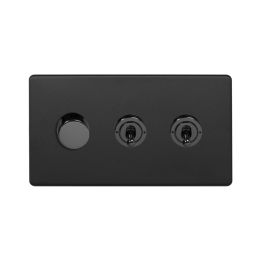 Soho Lighting Matt Black 3 Gang Switch with 1 Dimmer (1x150W LED Dimmer 2x20A 2 Way Toggle)