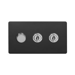 Soho Fusion Matt Black & Brushed Chrome 3 Gang Switch with 1 Dimmer (1x150W LED Dimmer 2x20A 2 Way Toggle)