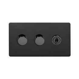 Soho Lighting Matt Black 3 Gang Switch with 2 Dimmers (2x150W LED Dimmer 1x20A 2 Way Toggle)