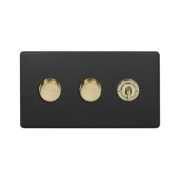 Soho Fusion Matt Black & Brushed Brass 3 Gang Switch with 2 Dimmers (2x150W LED Dimmer 1x20A 2 Way Toggle)