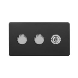 Soho Fusion Matt Black & Brushed Chrome 3 Gang Switch with 2 Dimmers (2x150W LED Dimmer 1x20A 2 Way Toggle)