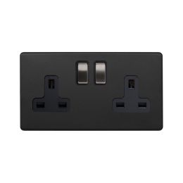 Soho Fusion Matt Black & Brushed Chrome 13A 2 Gang Switched Socket, DP Black Insert Screwless