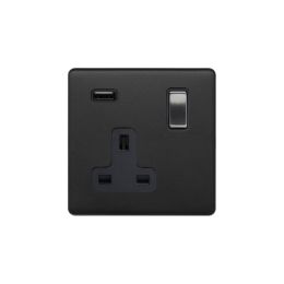 Soho Fusion Matt Black & Brushed Chrome Single Pole 1 Gang USB Socket Black Insert Screwless Luxury Aged