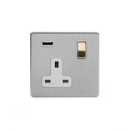 Soho Fusion Brushed Chrome & Brushed Brass 13A 1 Gang DP USB Socket (USB 2.1amp) White Inserts Screwless