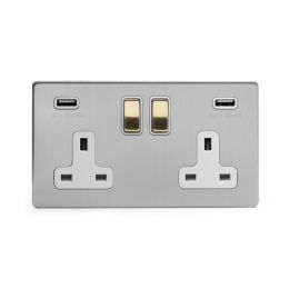 Soho Fusion Brushed Chrome & Brushed Brass 13A 2 Gang DP USB Socket (USB 4.8amp) White Inserts Screwless