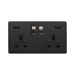 Soho Fusion Matt Black & Brushed Chrome 13A 2 Gang DP USB Socket (USB 4.8amp) Black Insert Screwless