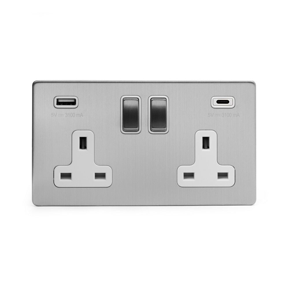 Soho Lighting Brushed Chrome 2 Gang USB C Socket (13A Socket + 2 USB