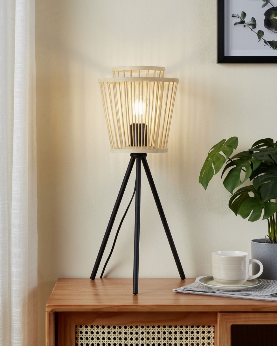 Eglo HYKEHAM Matte Black & Wood Tripod Table Lamp 43854 Elesi