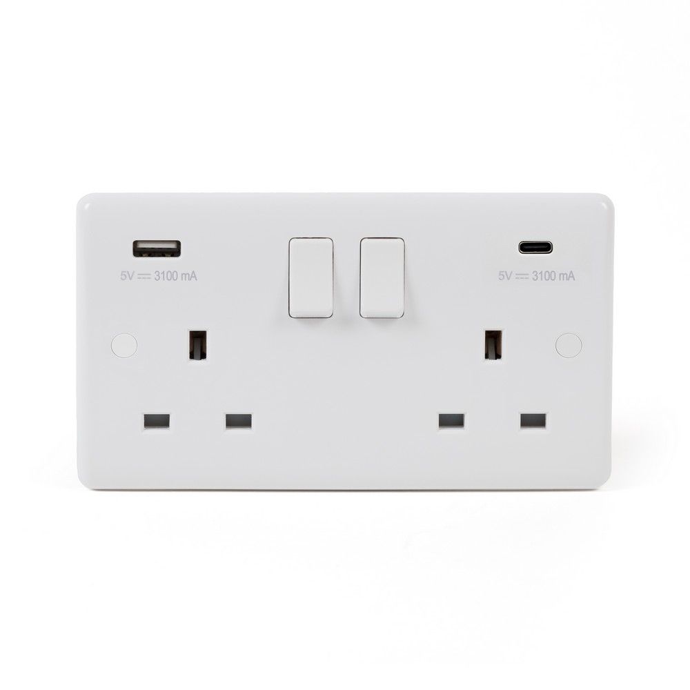 Lieber Silk White 2 Gang USB C Socket (13A Socket + 2 USB Ports A+C 3