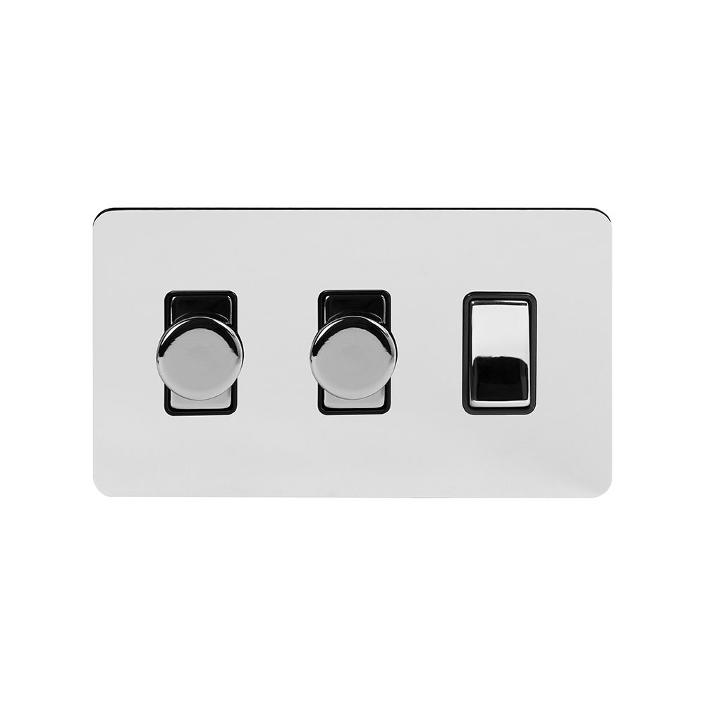 Soho Lighting Polished Chrome Flat Plate 3 Gang Light Switch with 2 Dimmers Elesi