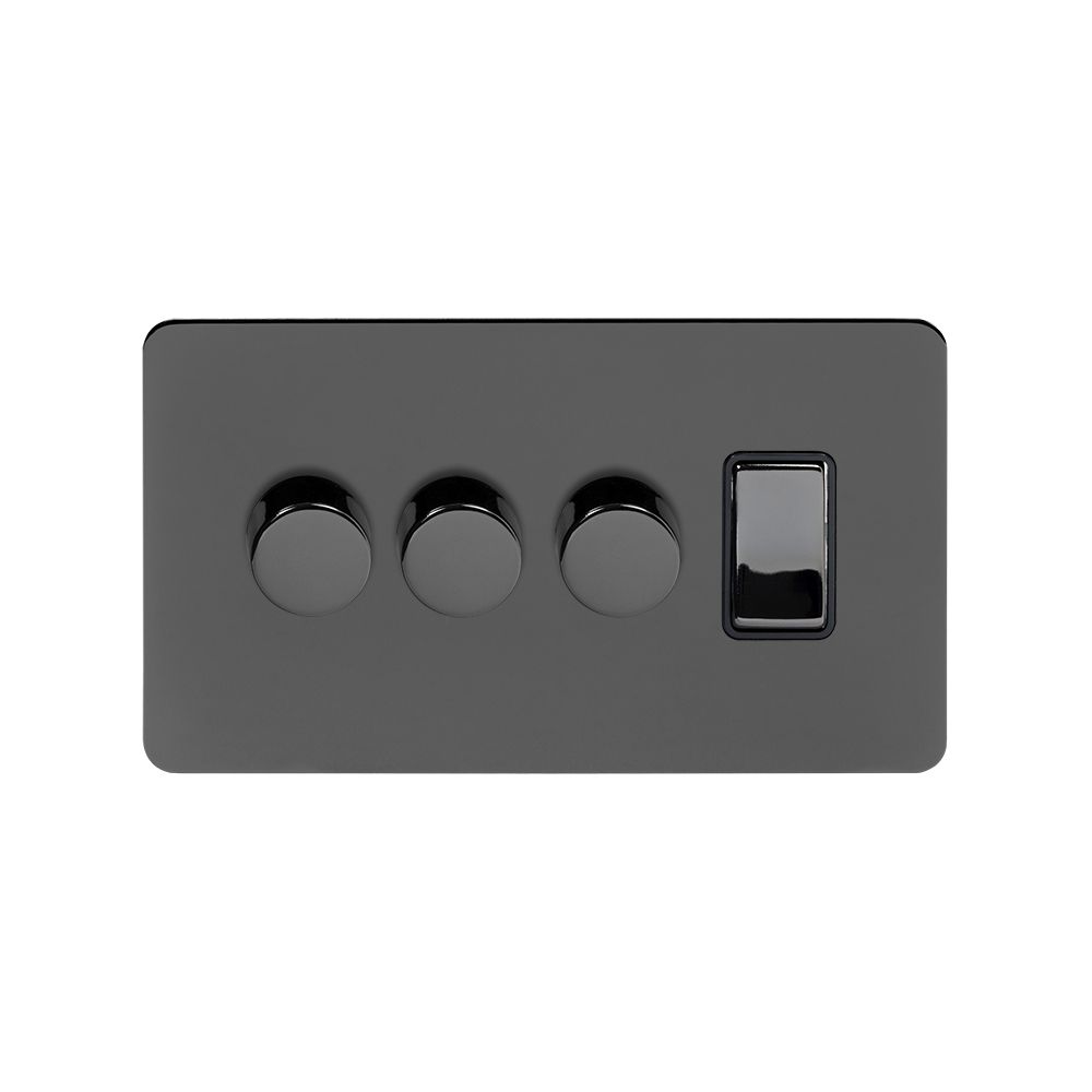 Black Nickel Flat Plate 4 Gang Switch with 3 Dimmers (3x150W LED Dimmer