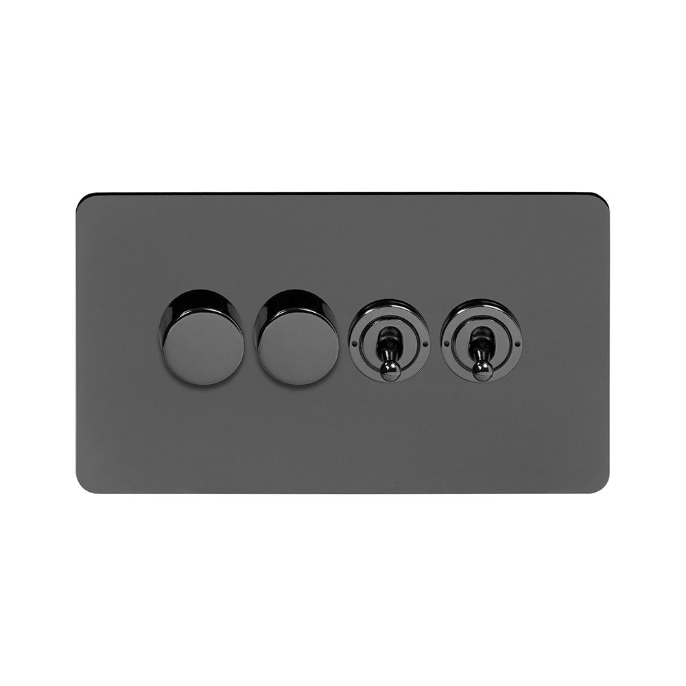 Black Nickel Flat Plate 4 Gang Switch with 2 Dimmers 4 Gang dimmer Toggle combo Elesi