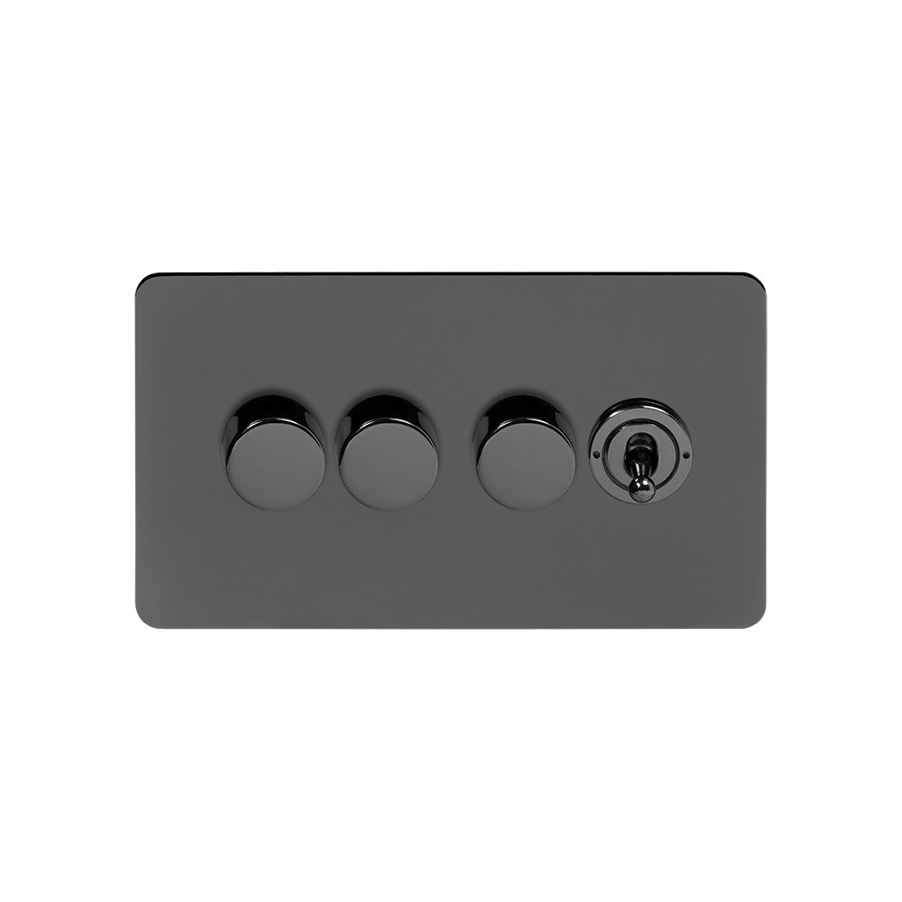 BG Polished Black Nickel 4 Gang Switch 1x LED Dimmer 3x 1 or 2 Way Custom Grid