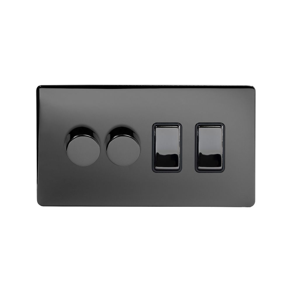 Black Nickel 4 Gang Switch with 2 Dimmers (2x150W LED Dimmer 2x20A Switch) Elesi
