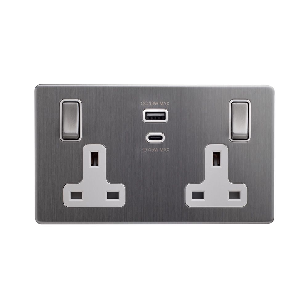 Soho Lighting Brushed Chrome 13A 2 Gang Fast Charge USB A+C Socket - Elesi
