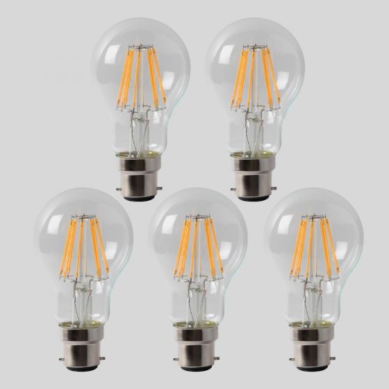 5 Pack - 8w B22 GLS LED Light Bulb 3000K Standard Straight Filament Dimmable High CRI
