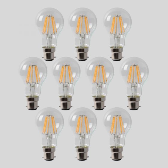 10 Pack - 8w B22 GLS LED Light Bulb 3000K Standard Straight Filament Dimmable High CRI