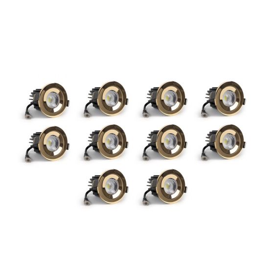10 Pack - Polished Brass CCT Fire Rated LED Dimmable 10W IP65 Downlight