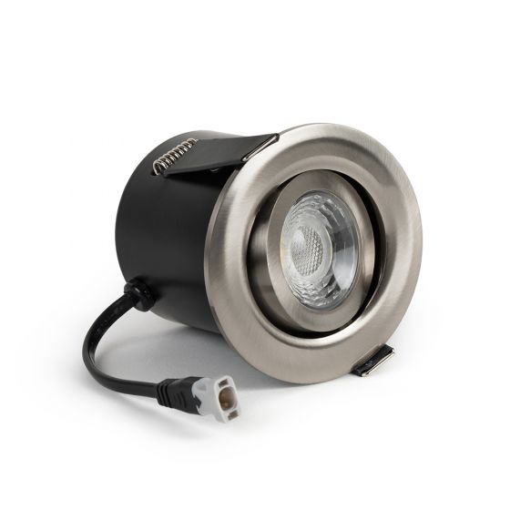 Brushed Chrome Adjustable 3K Warm White Tiltable LED Downlights, Fire Rated, IP44, High CRI, Dimmable