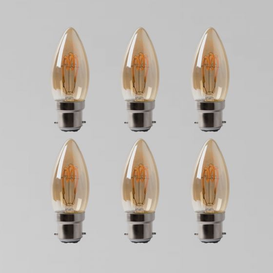 6 Pack - 2w B22 Vintage Edison Candle LED Light Bulb 1800K T-Spiral Filament Dimmable