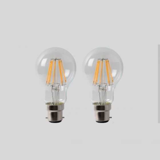 2 Pack - 8w B22 GLS LED Light Bulb 3000K Standard Straight Filament Dimmable