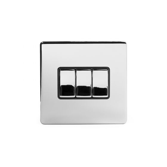 Soho Lighting Polished Chrome 3 Gang 2 Way 10A Light Switch Blk Ins Screwless
