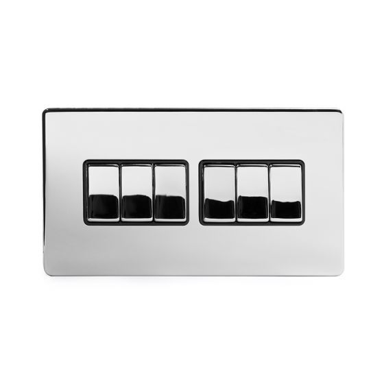 Soho Lighting Polished Chrome 6 Gang 2 Way 10A Light Switch Blk Ins Screwless