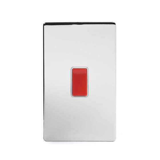 Soho Polished Chrome 45A 1 Gang Double Pole Switch Double Plate Wht Ins Screwless
