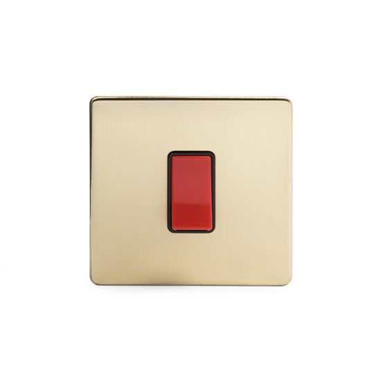 Soho Brushed Brass 45A 1 Gang Double Pole Switch Single Plate Blk Ins Screwless